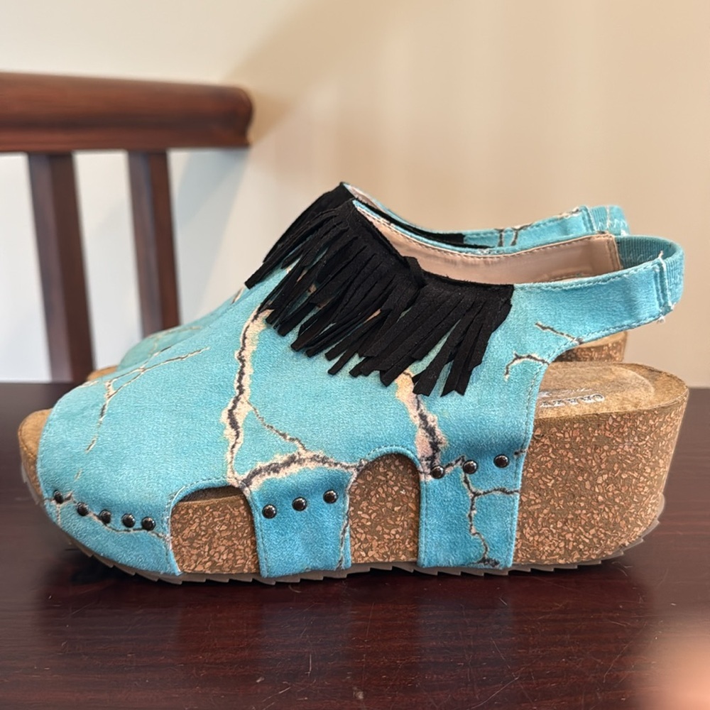 Crazy Train Turquoise stone fringe wedge platform faux suede sandals 9 - Picture 4 of 14